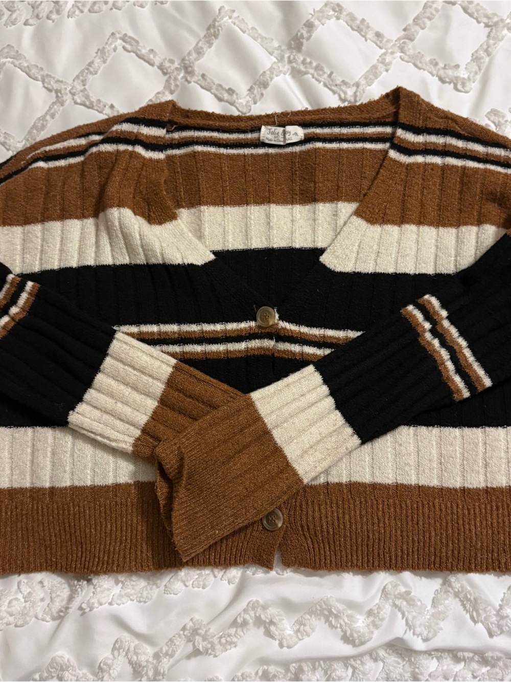 Womens Striped Rib-Knit Sweater Cardigan - Brown / Black / Cream